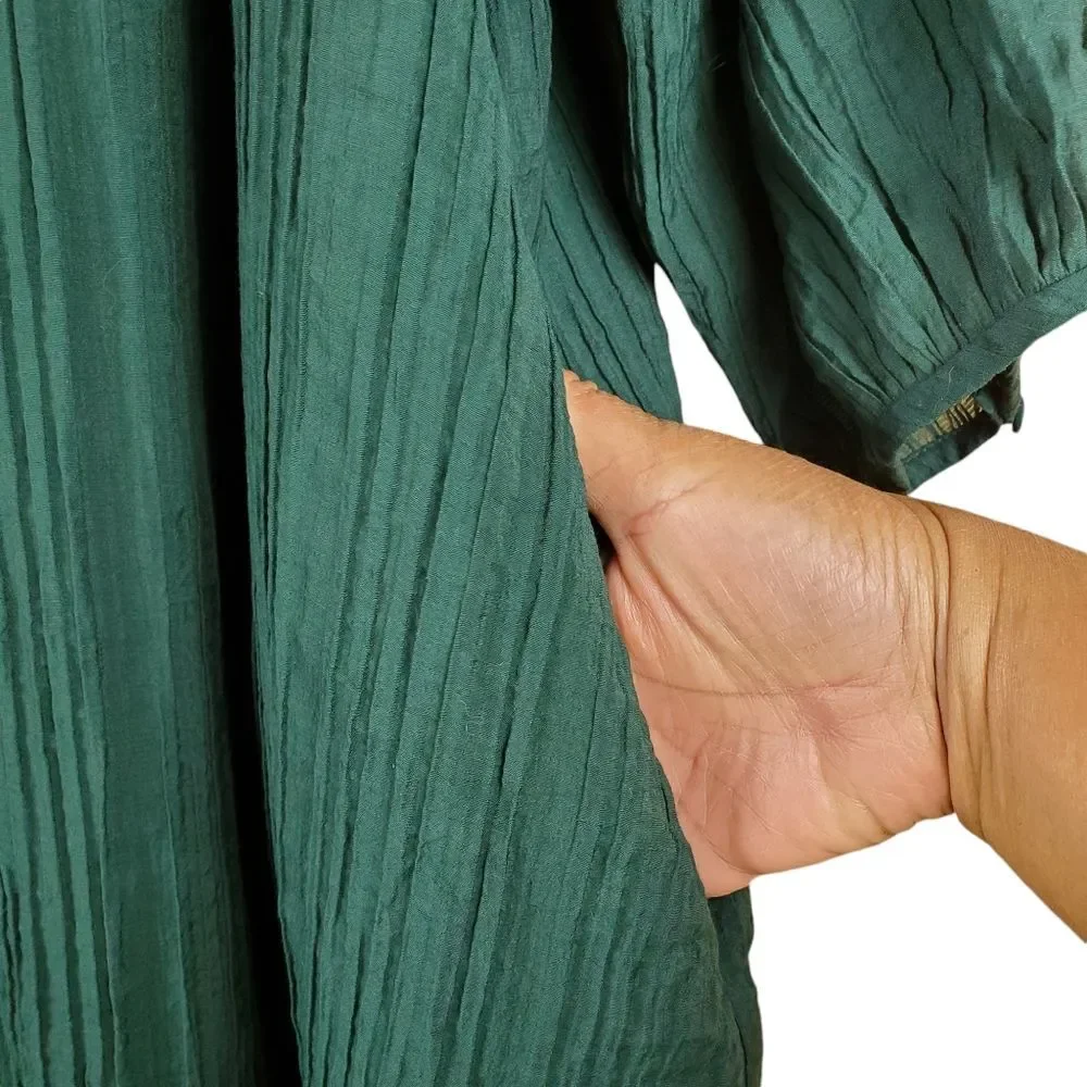 COS Teal Green Crinkled Shift Dress 3/4 Balloon Sleeves Size 6 - Picture 6 of 9